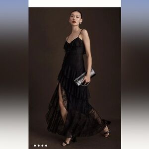 Anthropologie Ronny Kobo Janell Asymmetric-Tiered LaceSide-Slit Gown $558